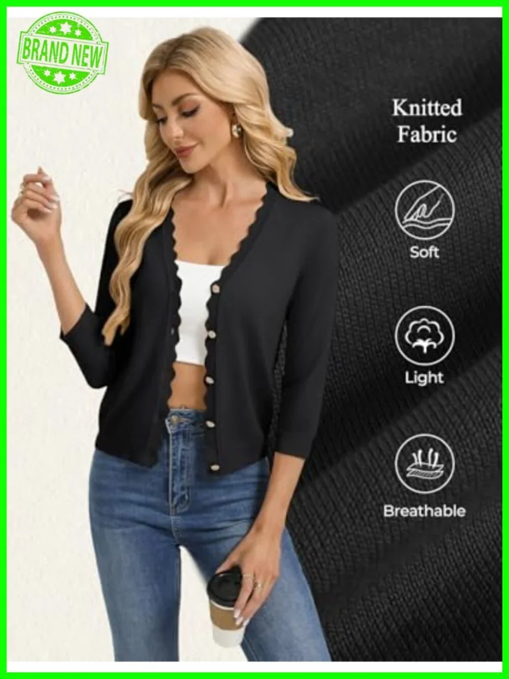 Lightweight 3/4 Sleeve Cardigan for Women V-Neck Button Down Bolero Shrugs